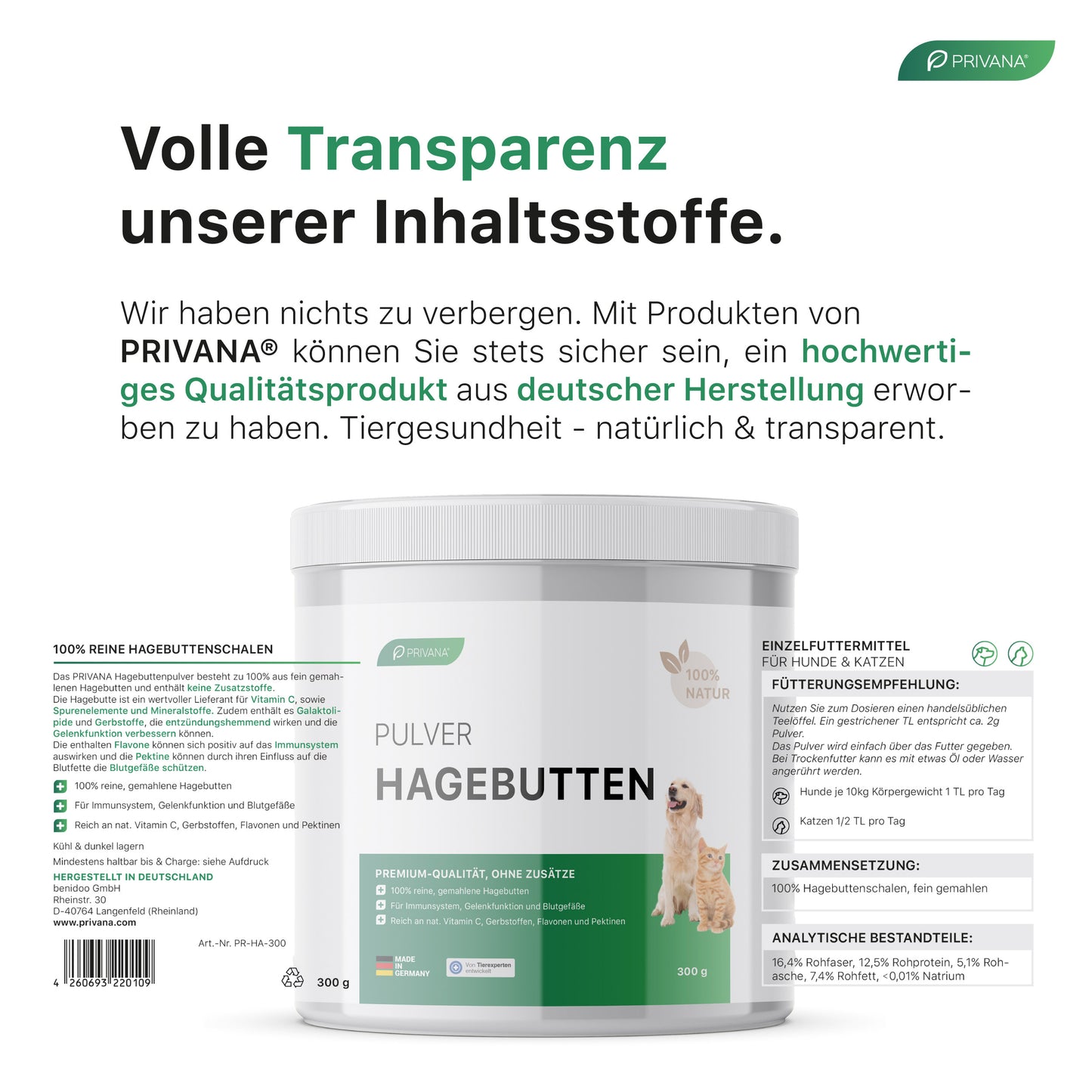 Reines Hagebutten-Pulver für Hunde & Katzen (300g)