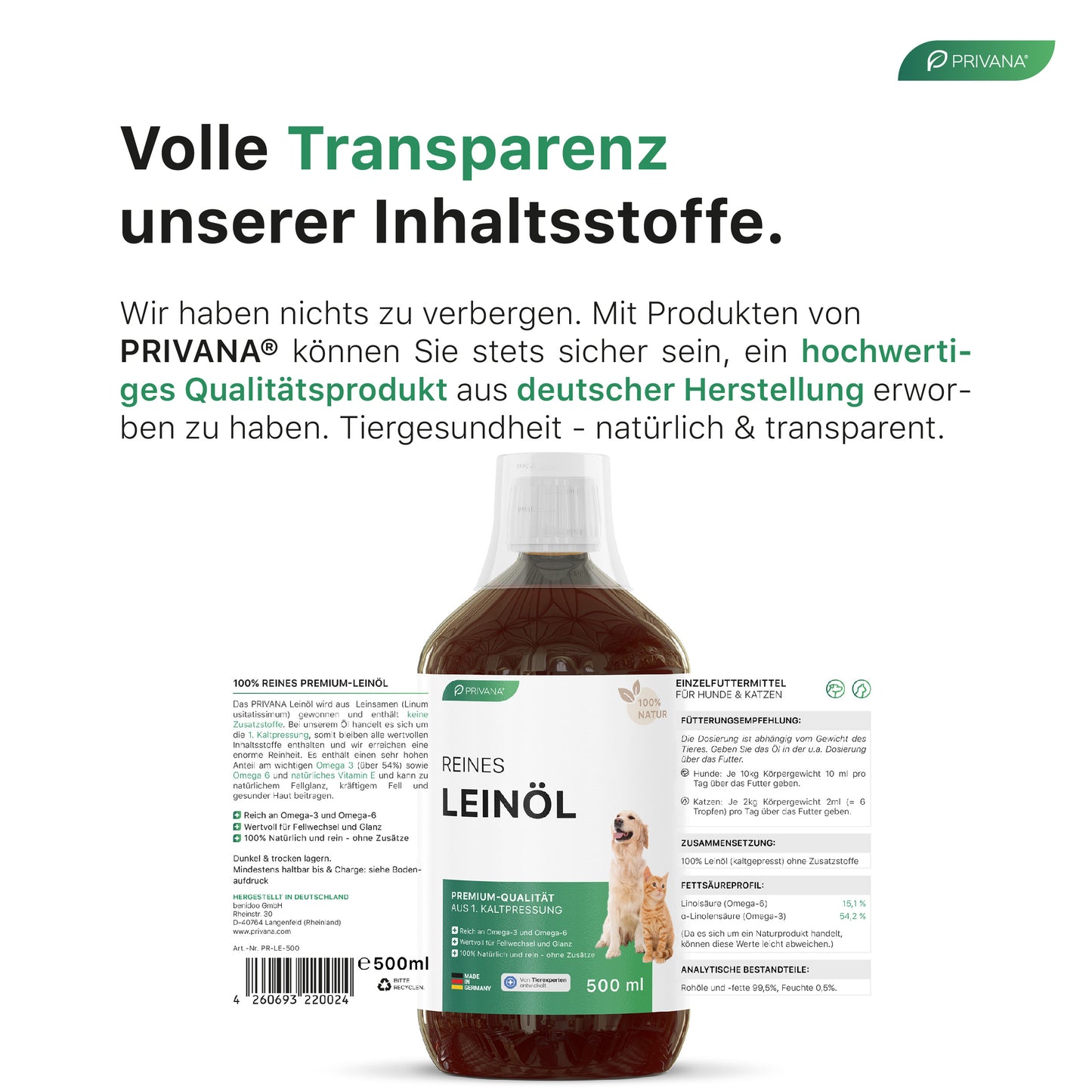 100% Reines Leinöl für Hunde & Katzen (500ml)