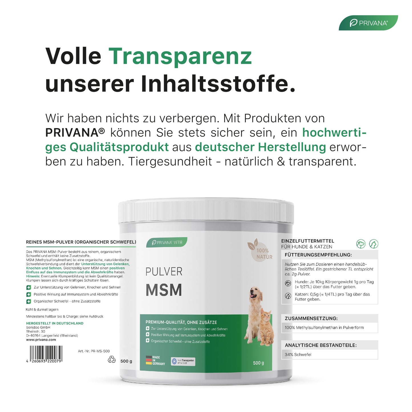 Reines MSM-Pulver für Hunde & Katzen (500g)