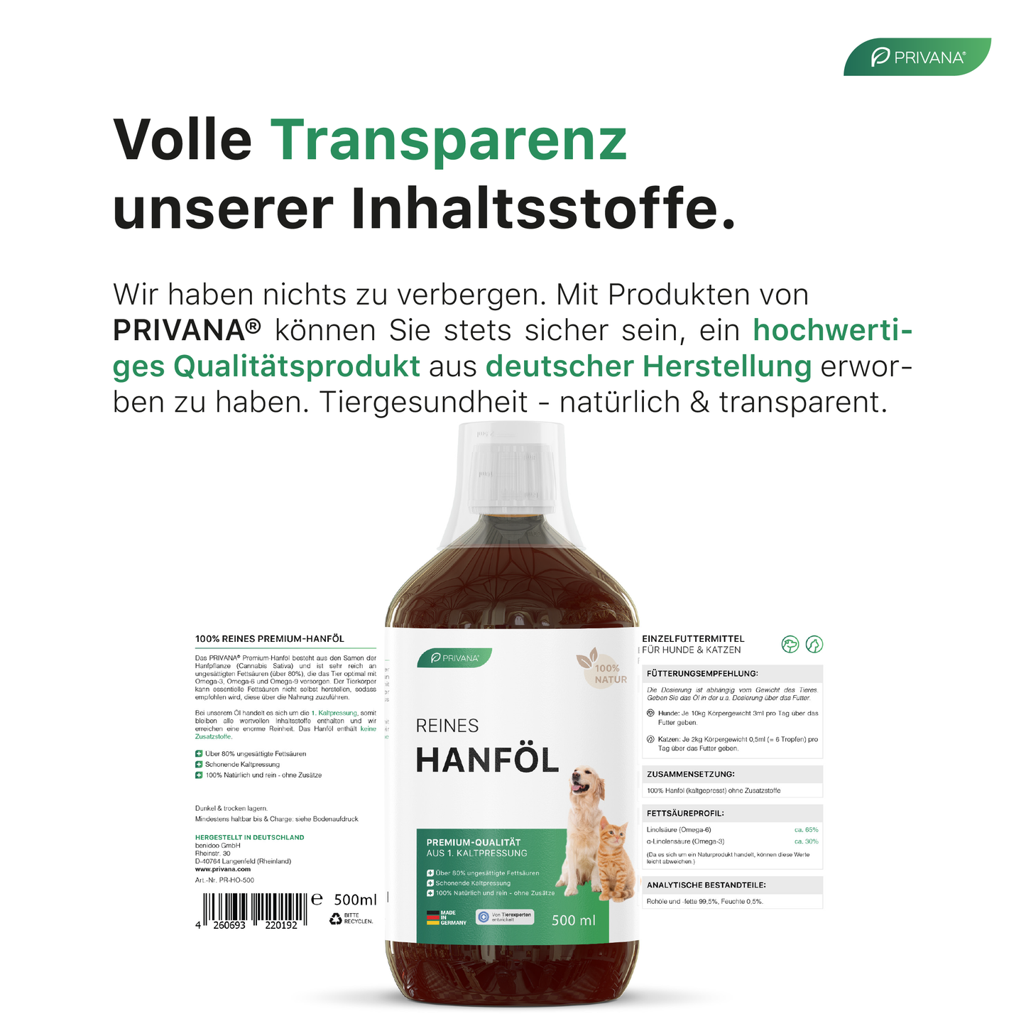 100% Reines Hanföl für Hunde & Katzen (500ml)