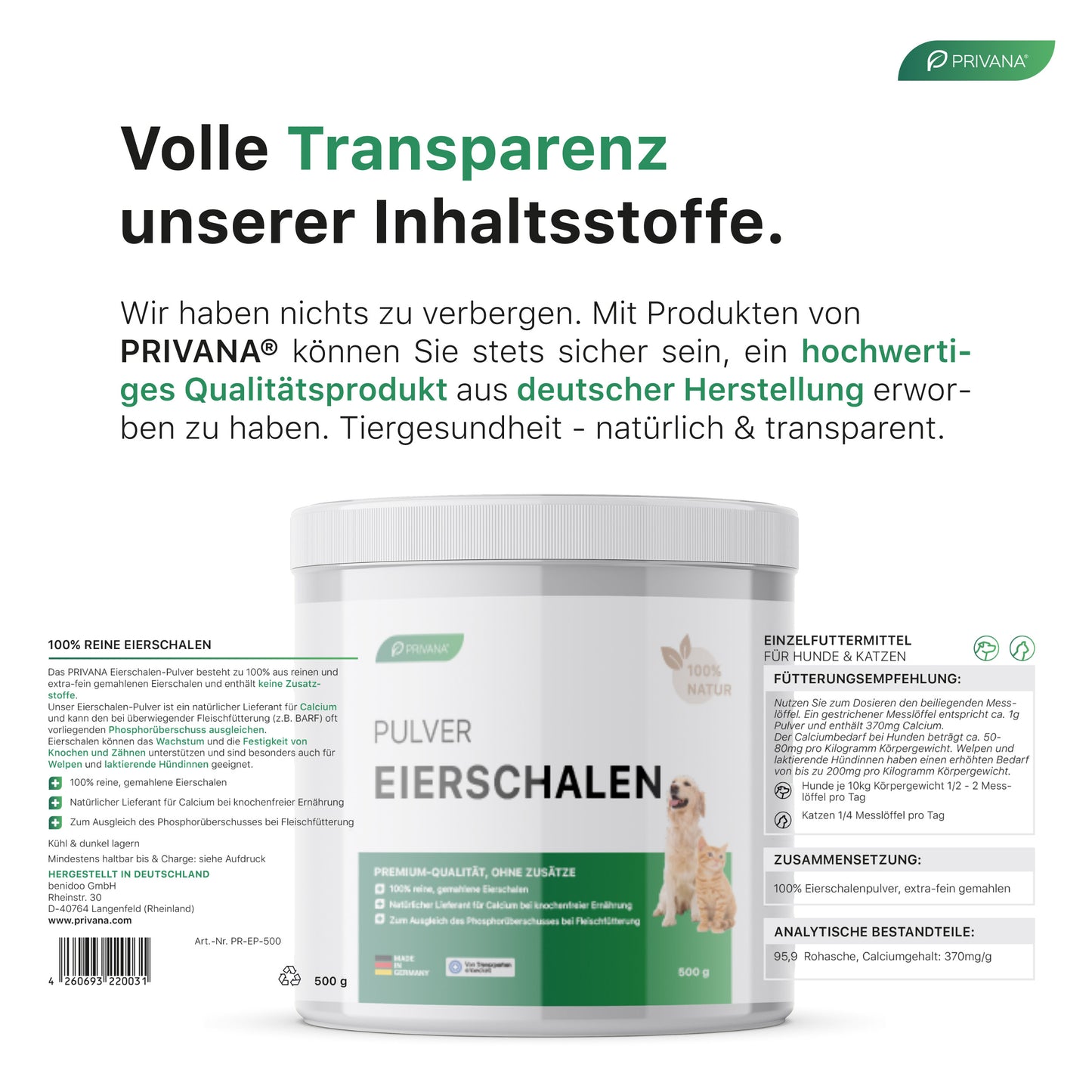 Reines Eierschalenpulver für Hunde & Katzen fein (500g)